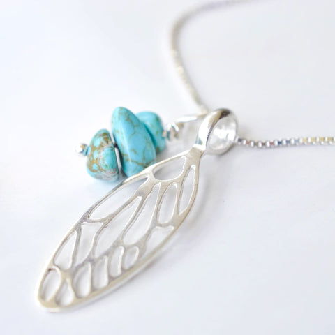 Single Small Cicada Wing in Sterling Silver with Turquoise