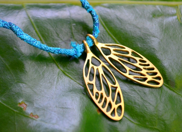 Cicada Wing Necklace in 18ct Yellow Gold on Silk Cord