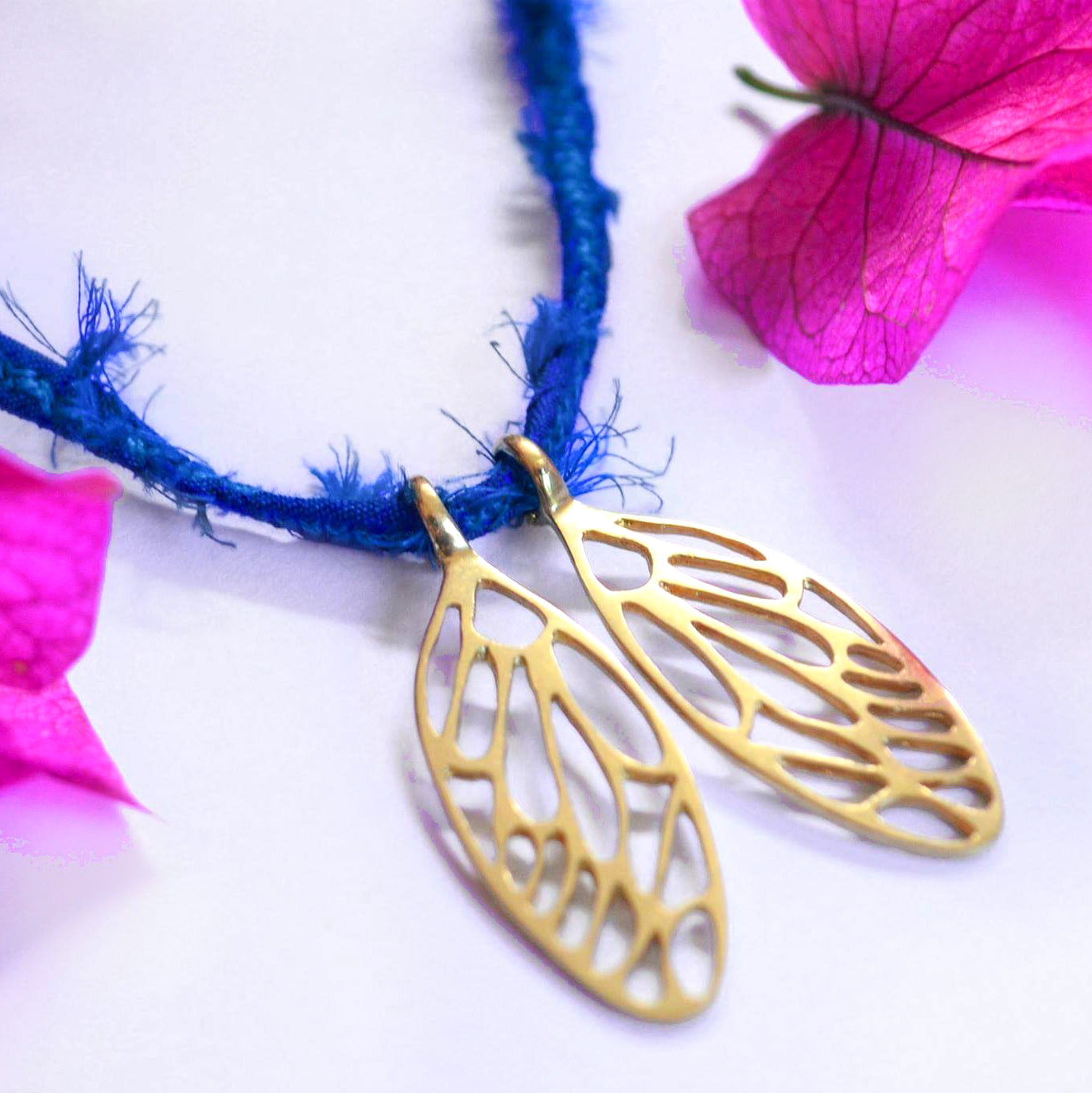 Cicada Wing Necklace in 18ct Yellow Gold on Silk Cord