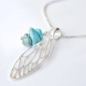 Single Small Cicada Wing in Sterling Silver with Turquoise